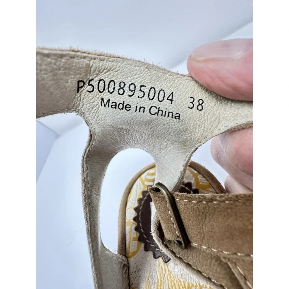 Fly London Yeba Tan Leather Strappy Wedge Sandals Womens EU 38 US 7.5-8 Comfort
